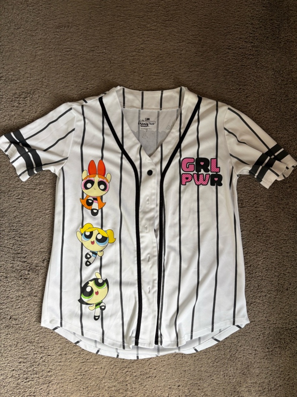 Girls' White Striped 'GRL PWR' Baseball Tee with Powerpuff